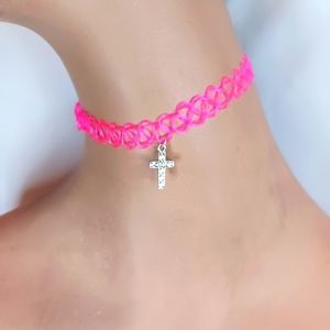 Neon Pink Tattoo Choker Necklace with Silver Cross.